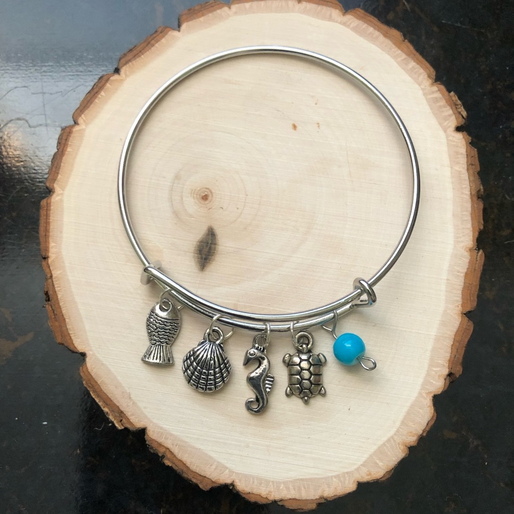 Silver beach charm bangle bracelet | Nautical handmade charm bracelet